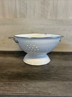 White Enamel Pedestal Colander with Handles